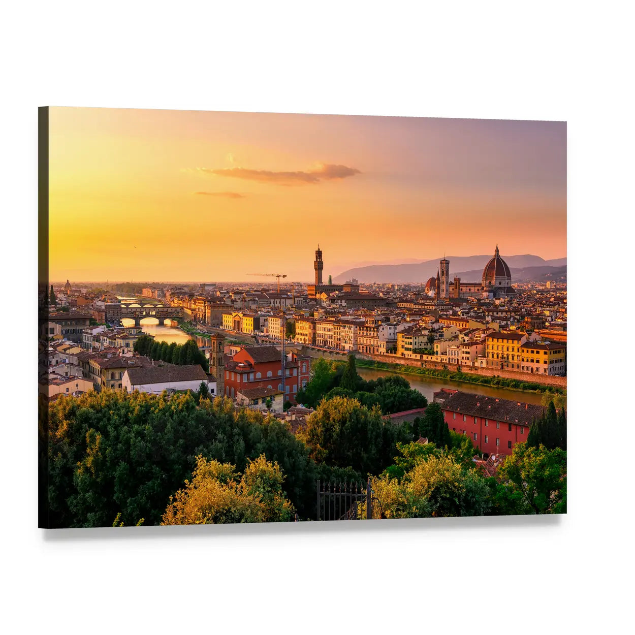 Florence Sunset Over Duomo and Arno Canvas Wall Art, single panel gallery wrapped canvas, angled product view