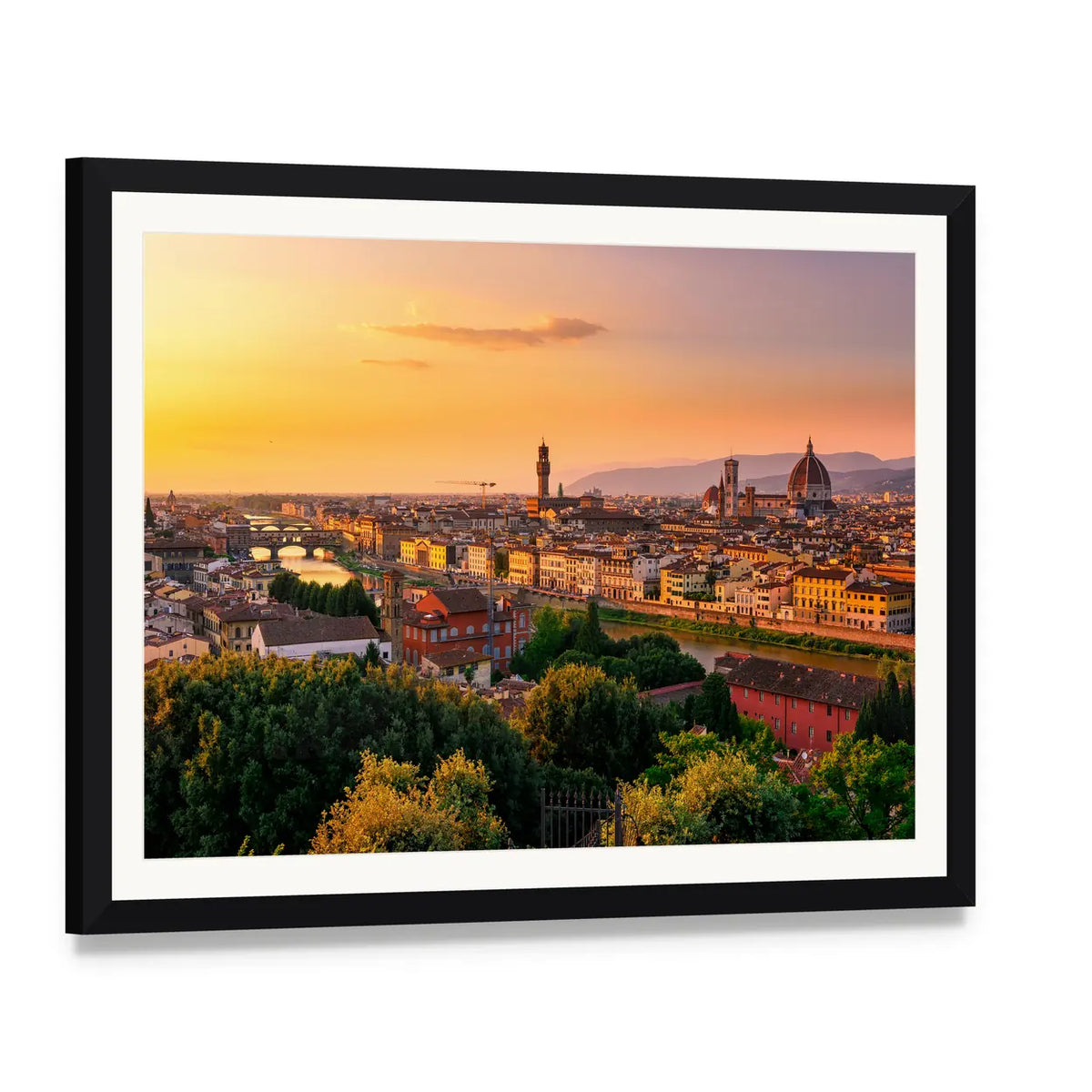 Florence Sunset Over Duomo and Arno Canvas Wall Art, framed print with white mat and black frame, angled product view