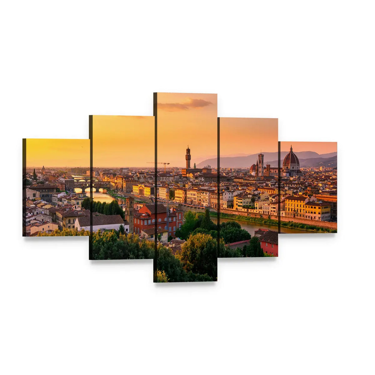 Florence Sunset Over Duomo and Arno Canvas Wall Art, 5 panel 5 Star layout gallery wrapped canvas set, angled product view
