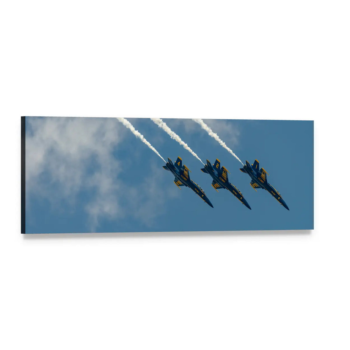 New York Airshow Blue and Yellow Fighter Jets Panoramic Canvas Wall Art, single panel gallery wrapped canvas, angled product view