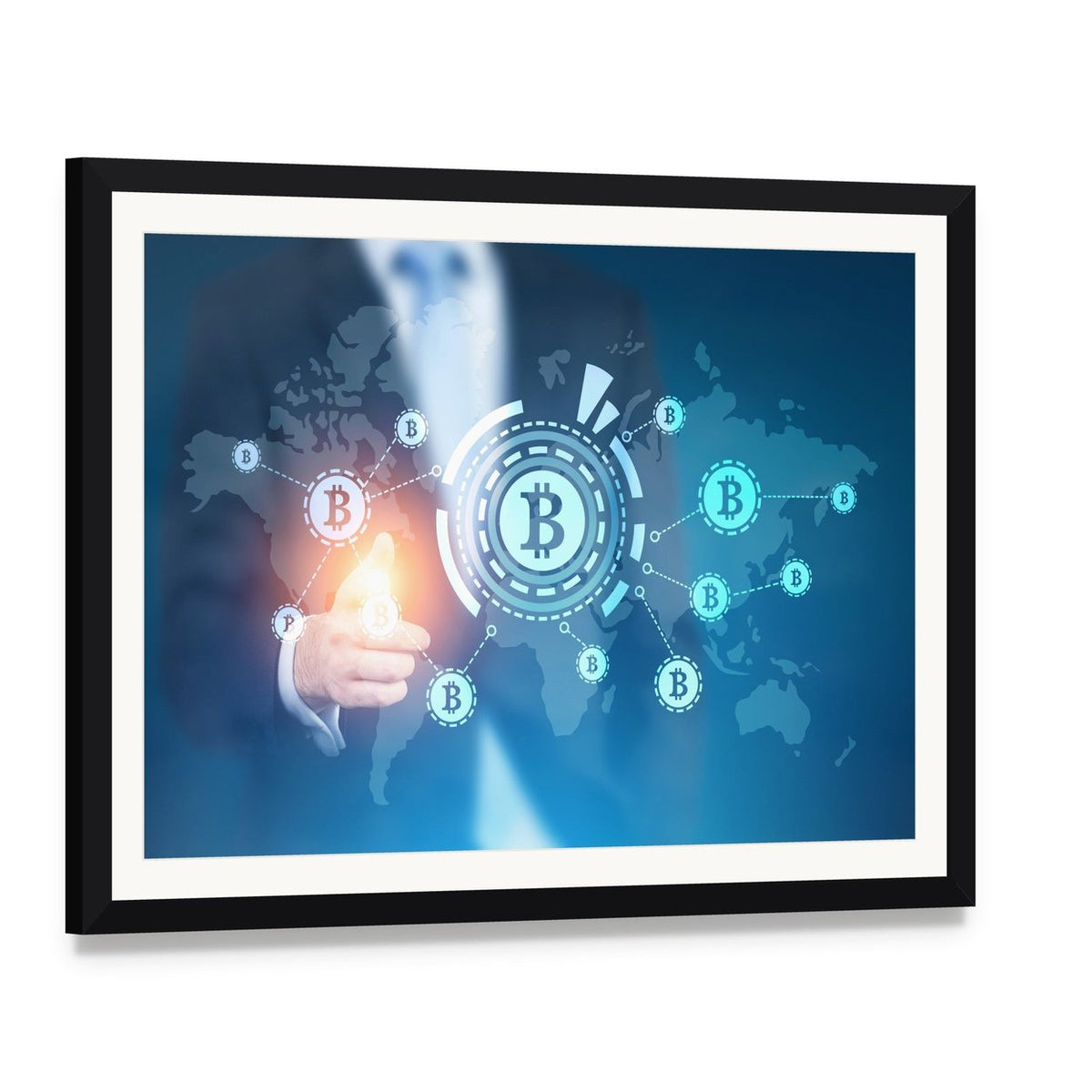 Businessman Pointing to Bitcoin Network Canvas Wall Art, framed print with white mat and black frame, angled product view