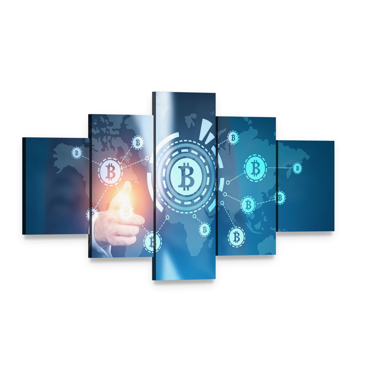 Businessman Pointing to Bitcoin Network Canvas Wall Art, 5 panel 5 Star layout gallery wrapped canvas set, angled product view