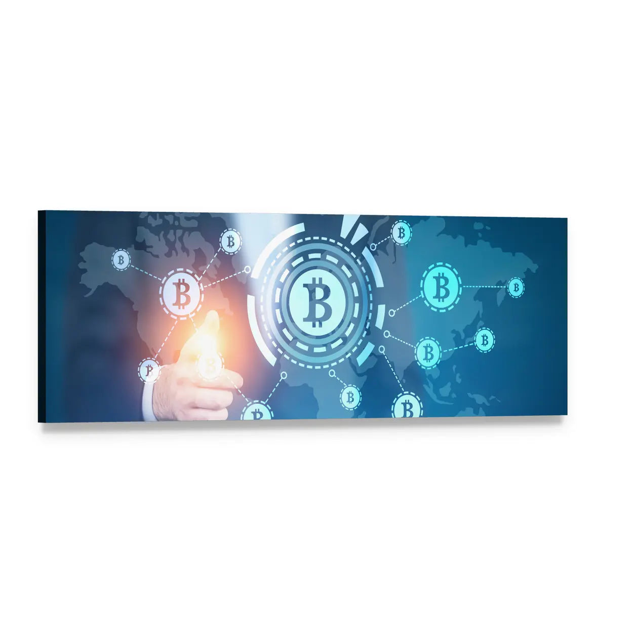 Businessman Touching Bitcoin Network Panoramic Canvas Wall Art, single panel gallery wrapped canvas, angled product view