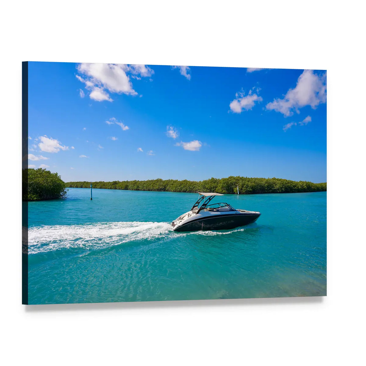 Cancun Nichupte Lagoon Speeding Boat Canvas Wall Art, single panel gallery wrapped canvas, angled product view