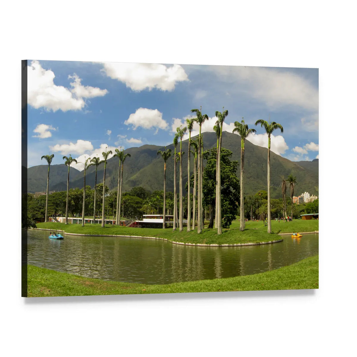 Palm-lined Mountain Lake with Two Boats Canvas Wall Art, single panel gallery wrapped canvas, angled product view