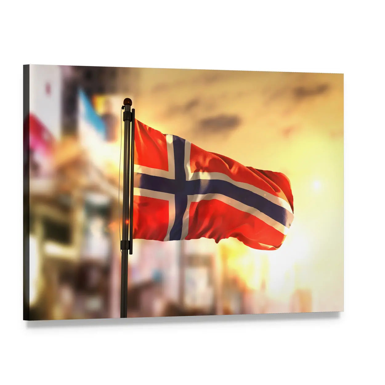 Waving Norwegian Flag at Golden Hour Canvas Wall Art, single panel gallery wrapped canvas, angled product view