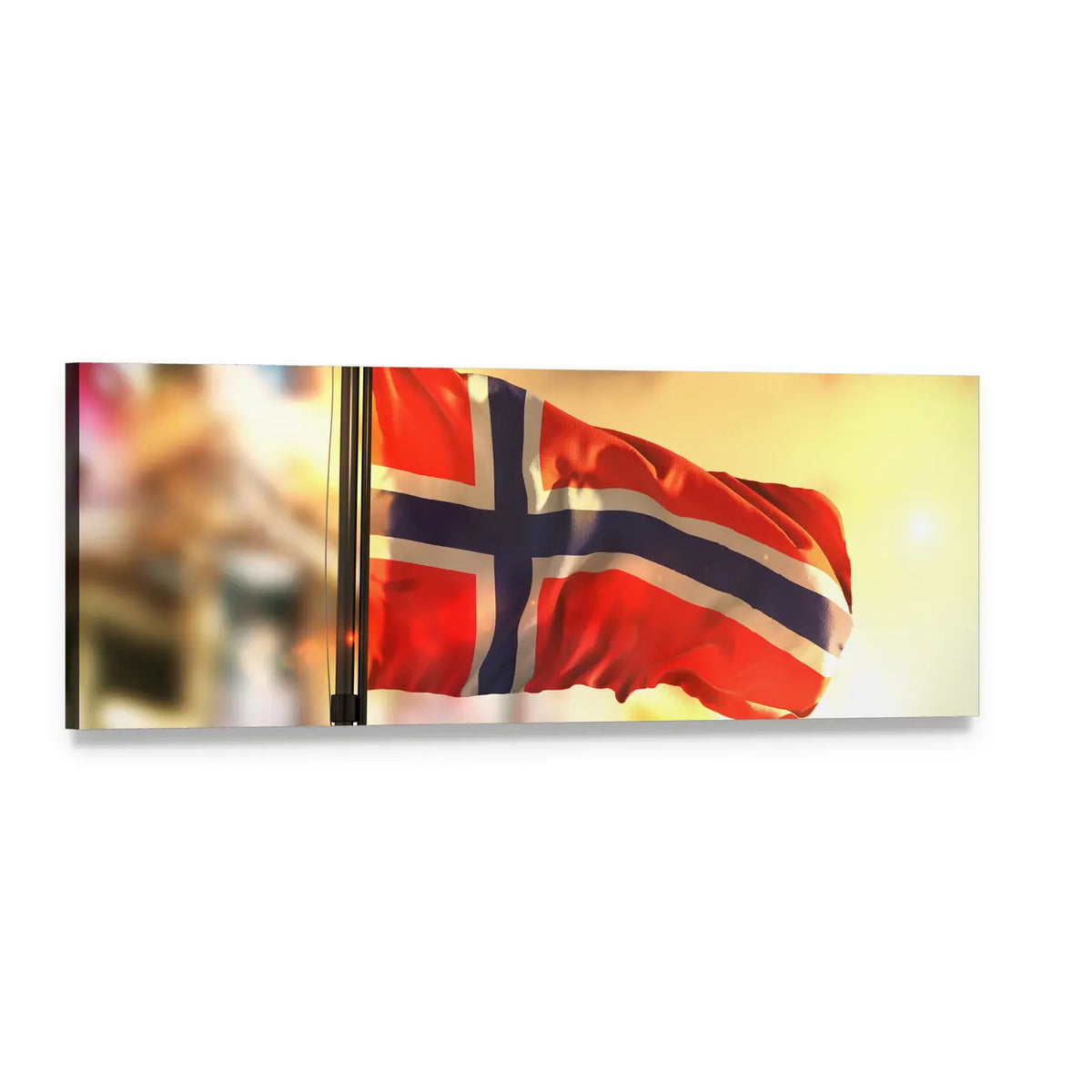 Waving Norwegian Flag at Sunset Panoramic Canvas Wall Art, single panel gallery wrapped canvas, angled product view