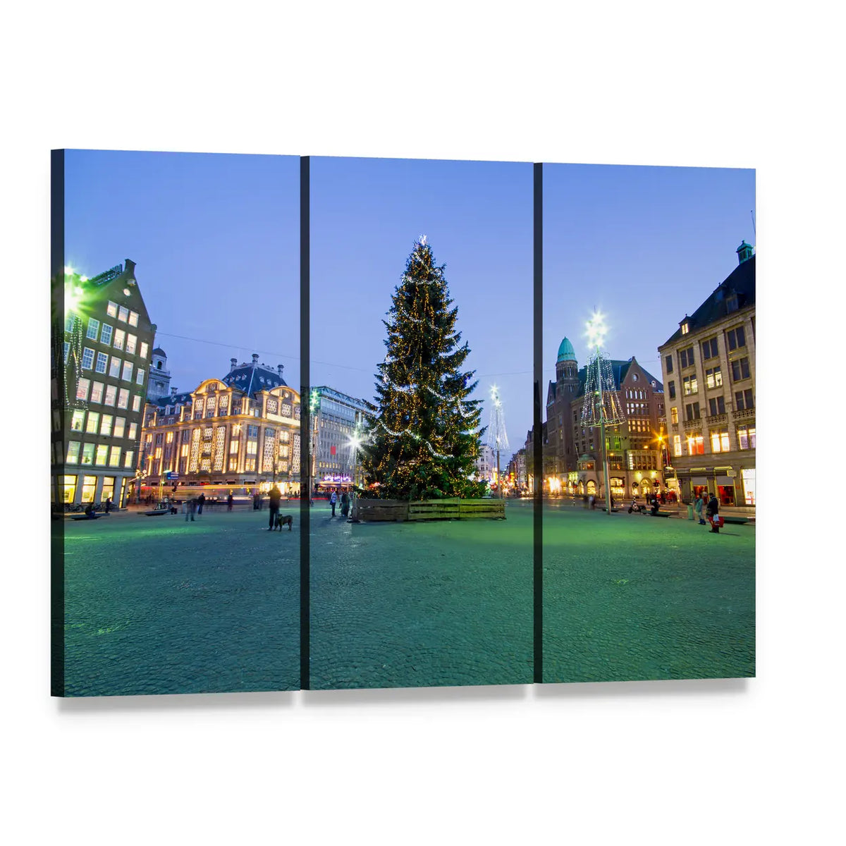 Christmas in Amsterdam Canvas Wall Art, 3 panel 3 Horizontal layout gallery wrapped canvas set, angled product view