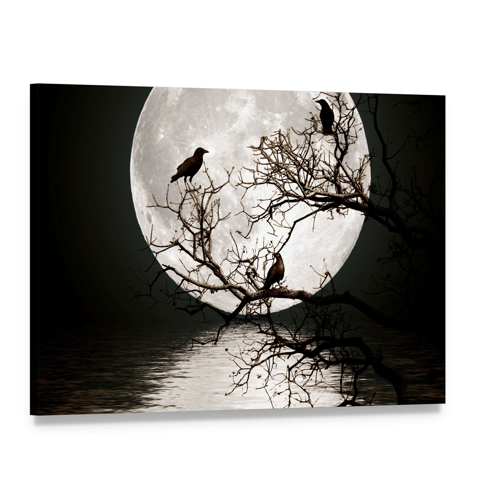 Ravens on a Tree Under the Full Moon Canvas Wall Art, single panel gallery wrapped canvas, angled product view