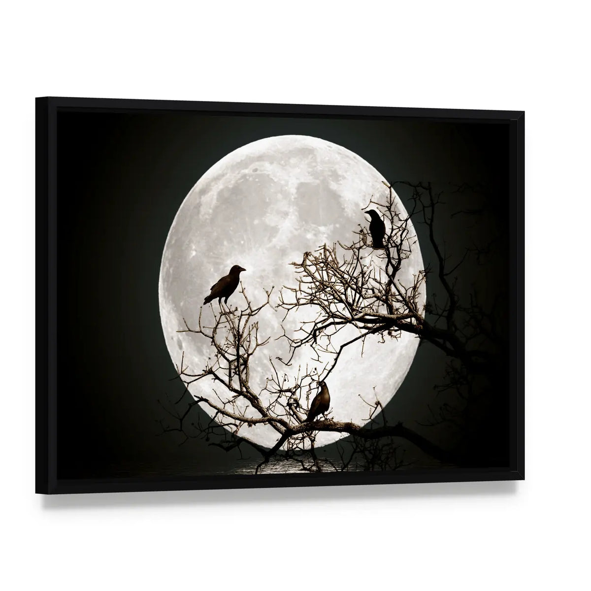 Ravens on a Tree Under the Full Moon Canvas Wall Art, framed canvas in a black floater frame, angled product view