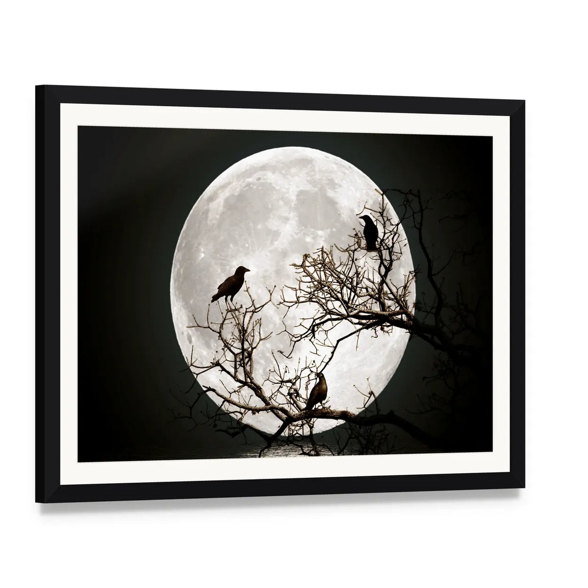 Ravens on a Tree Under the Full Moon Canvas Wall Art, framed print with white mat and black frame, angled product view