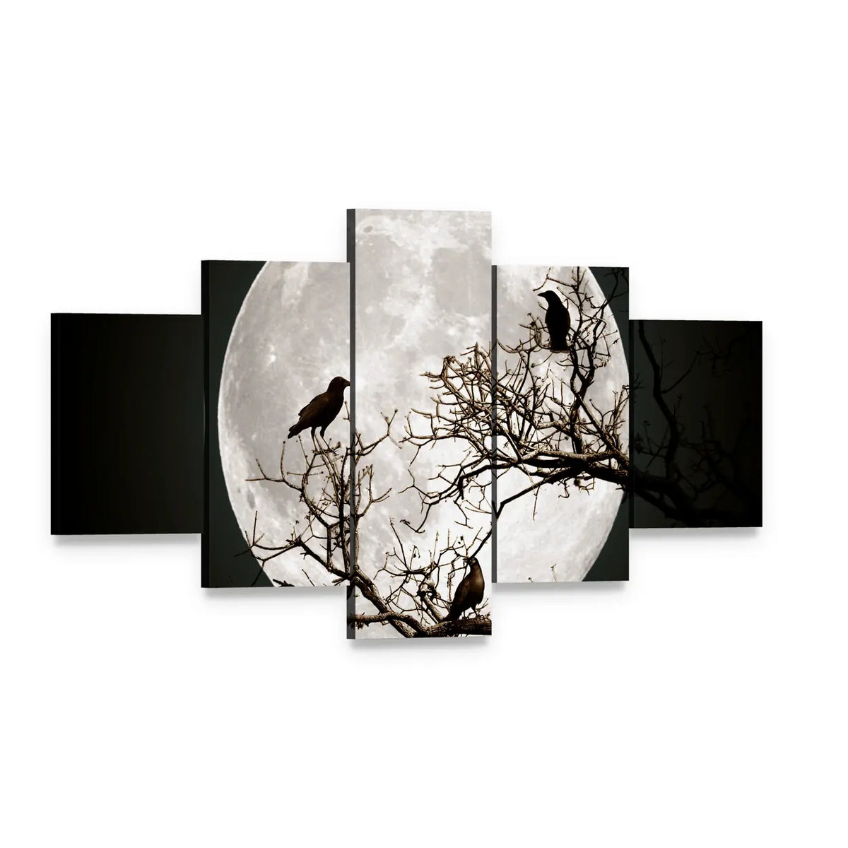 Ravens on a Tree Under the Full Moon Canvas Wall Art, 5 panel 5 Star layout gallery wrapped canvas set, angled product view