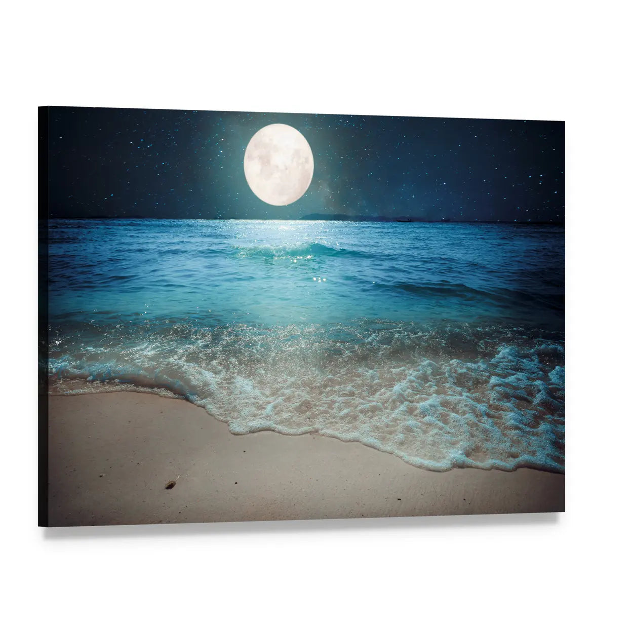 Full Moon Over Tropical Beach Canvas Wall Art, single panel gallery wrapped canvas, angled product view