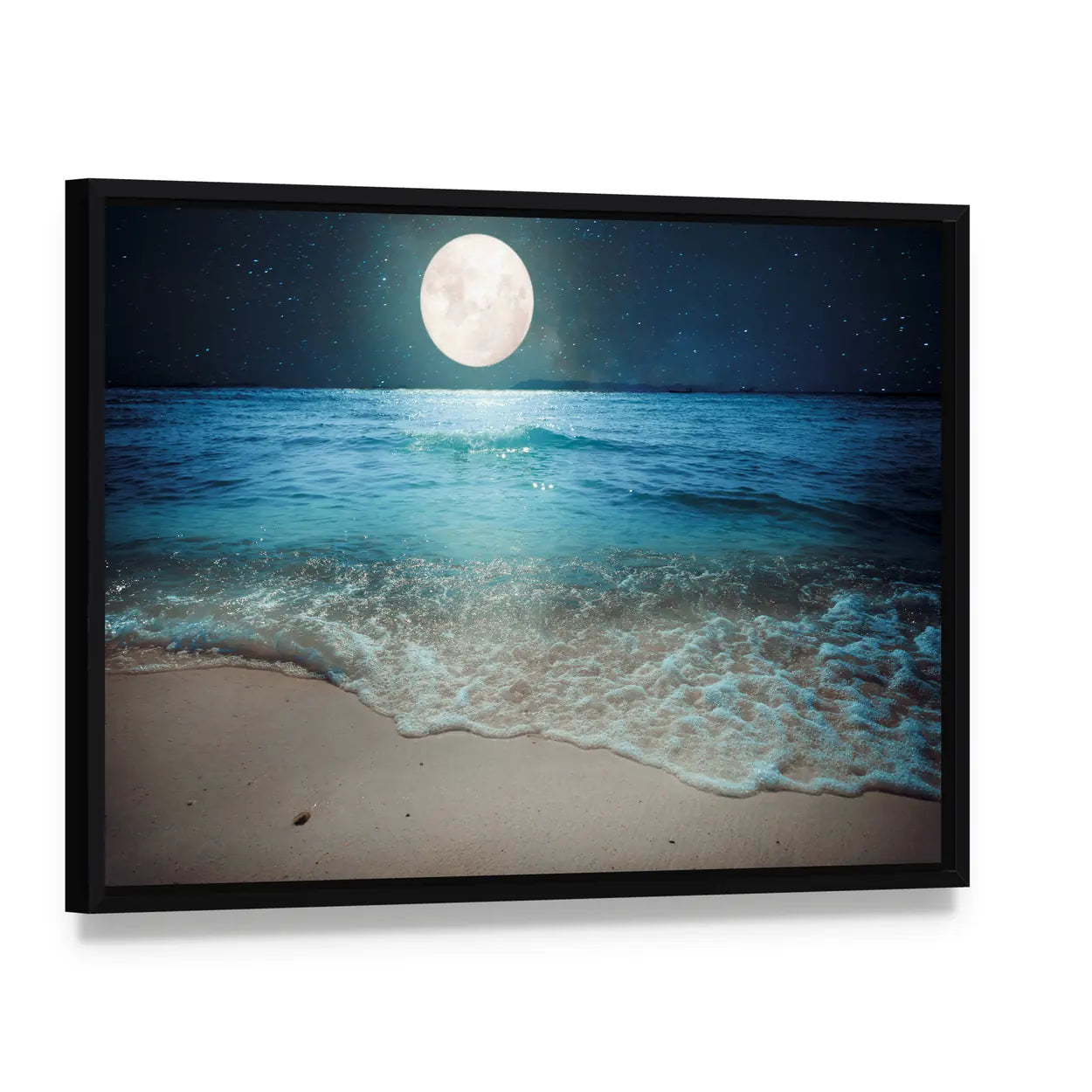 Full Moon Over Tropical Beach Canvas Wall Art, framed canvas in a black floater frame, angled product view
