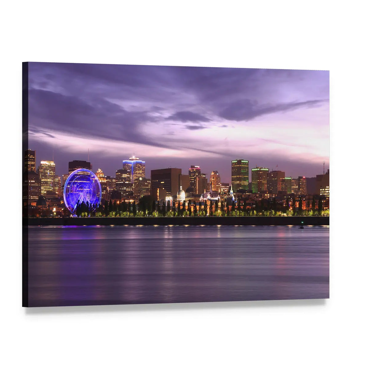 Montreal Skyline at Dusk Canvas Wall Art, single panel gallery wrapped canvas, angled product view