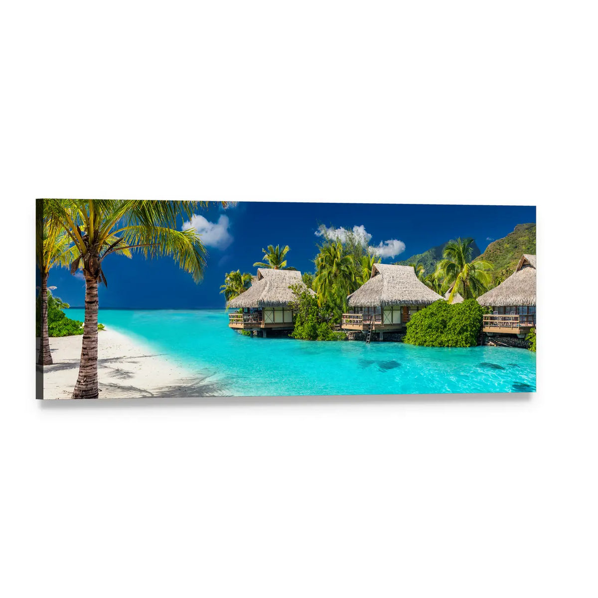 Bora Bora Turquoise Lagoon with Overwater Bungalows Panoramic Canvas Wall Art, single panel gallery wrapped canvas, angled product view