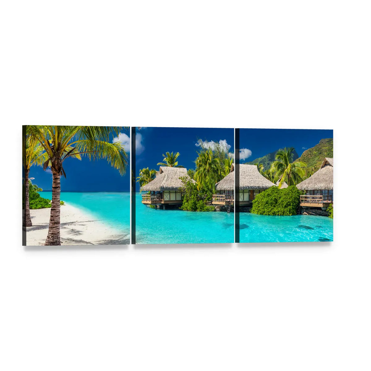 Bora Bora Turquoise Lagoon with Overwater Bungalows Panoramic Canvas Wall Art, 3 panel 3 Piece layout gallery wrapped canvas set, angled product view