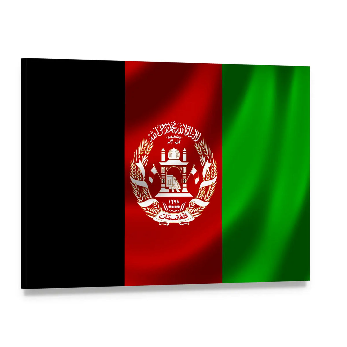Afghanistan Flag with National Emblem Canvas Wall Art, single panel gallery wrapped canvas, angled product view