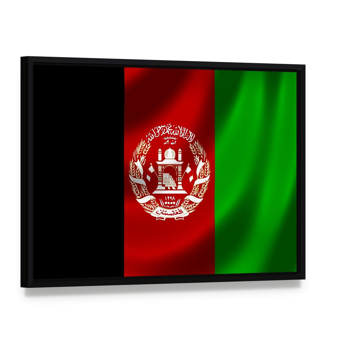 Afghanistan Flag with Emblem Canvas Wall Art, framed canvas in a black floater frame, angled product view