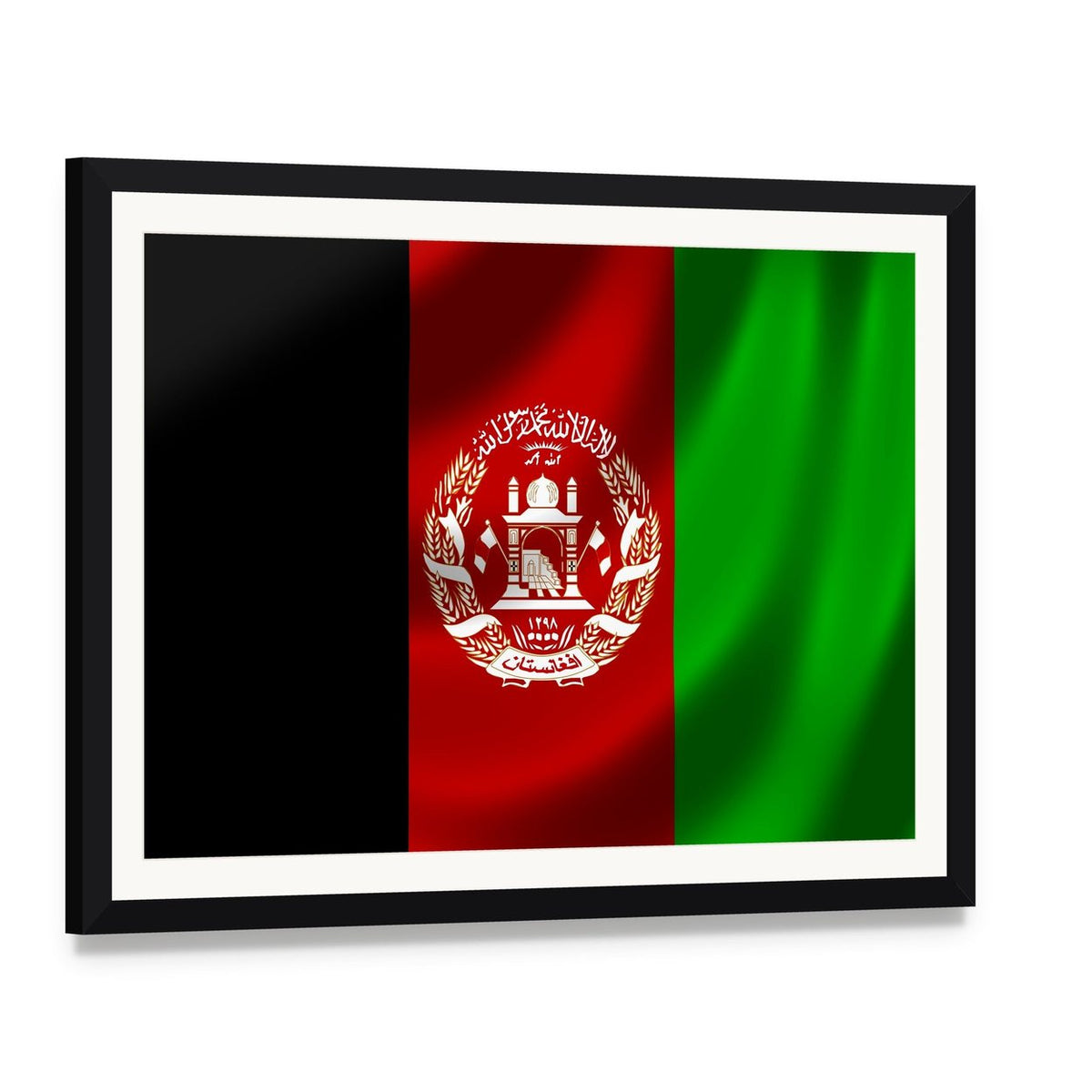 Afghanistan Flag with Emblem Canvas Wall Art, framed print with white mat and black frame, angled product view