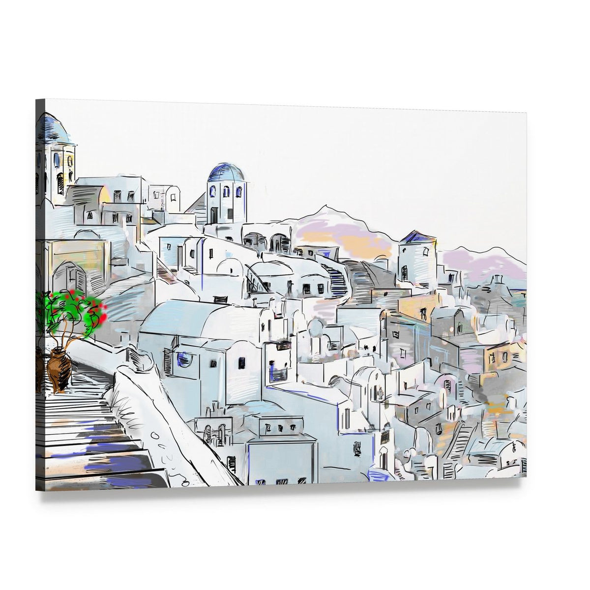 Santorini Village with Whitewashed Buildings Canvas Wall Art, single panel gallery wrapped canvas, angled product view
