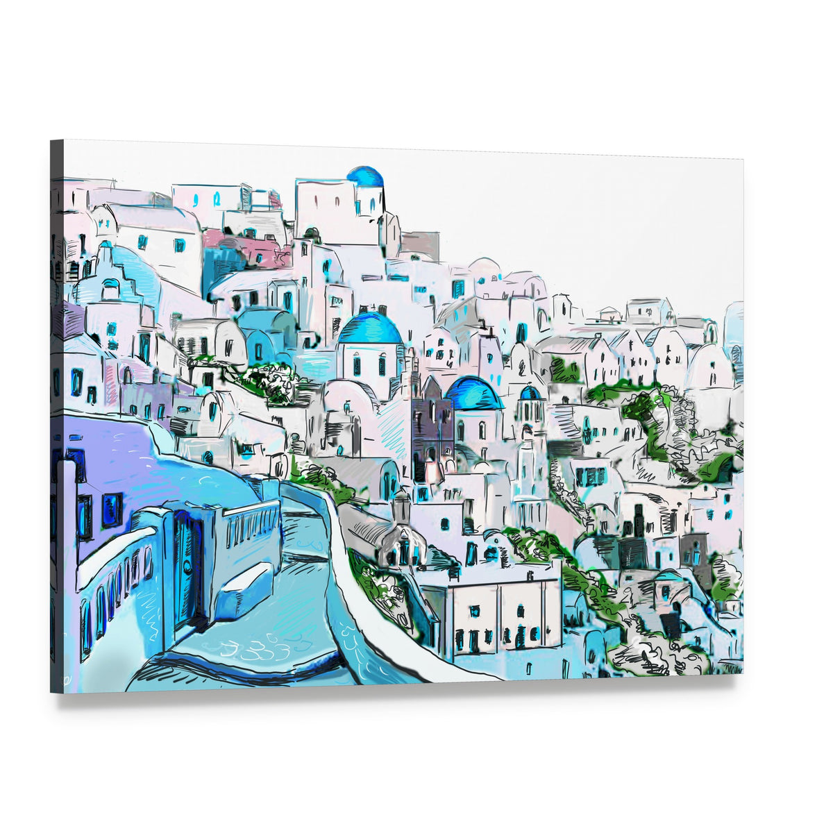 Vibrant Greek Village with Blue Domes Canvas Wall Art, single panel gallery wrapped canvas, angled product view