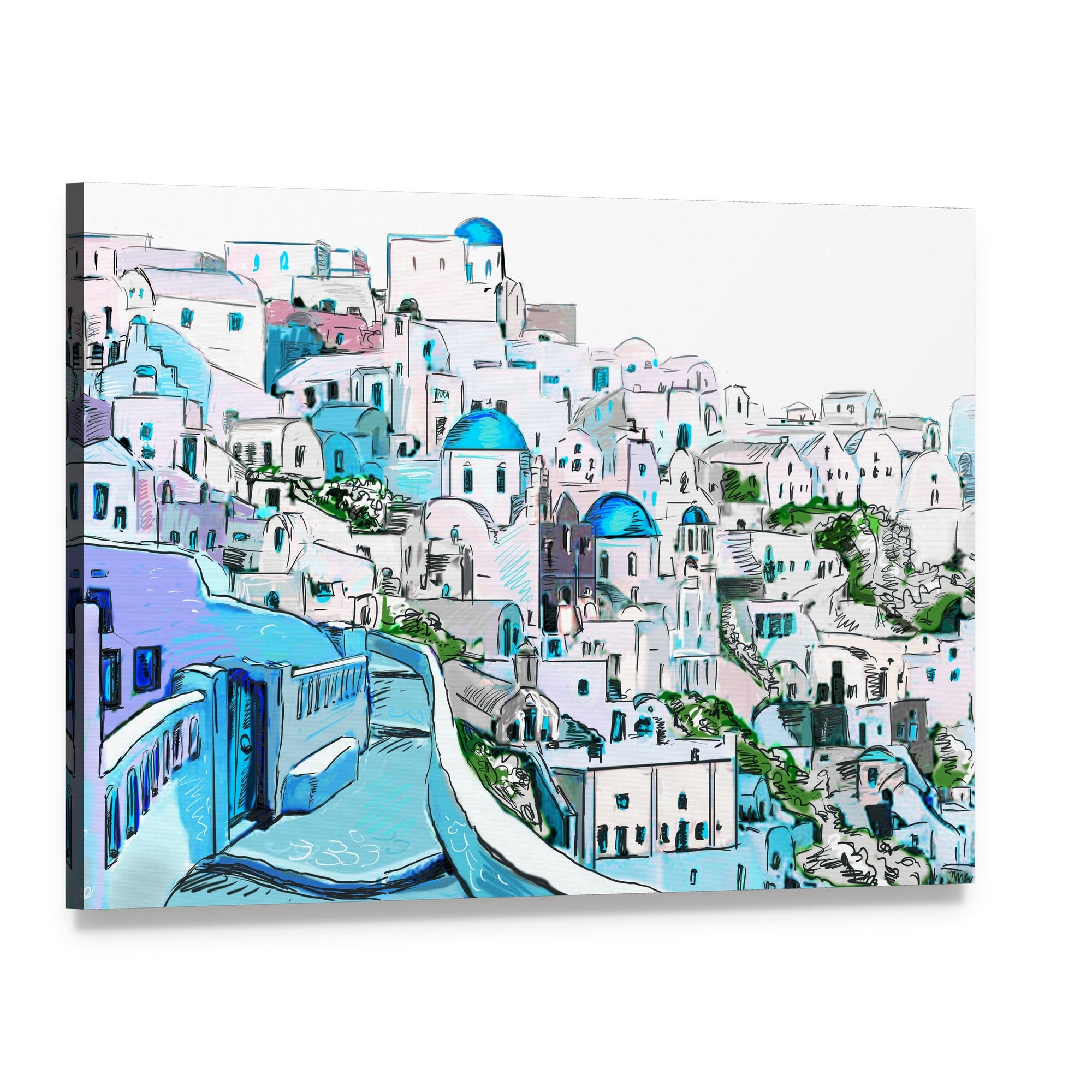 Vibrant Greek Village with Blue Domes Canvas Wall Art, single panel gallery wrapped canvas, angled product view