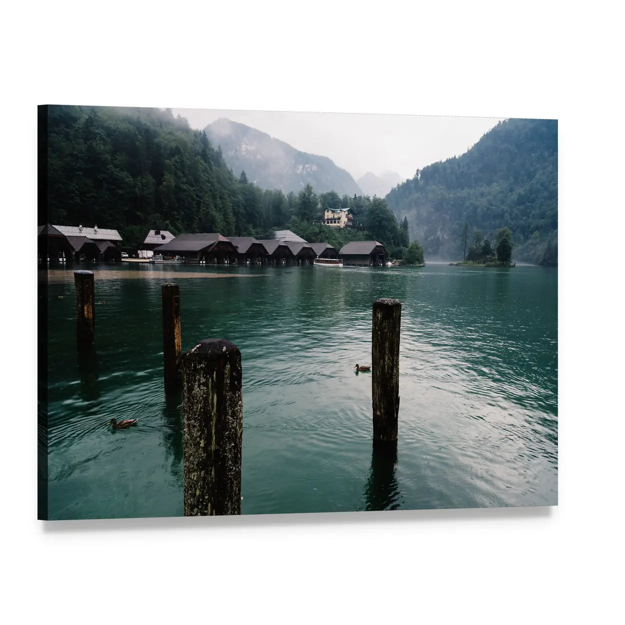 Pier on Mountain Lake with Weathered Dock Canvas Wall Art, single panel gallery wrapped canvas, angled product view