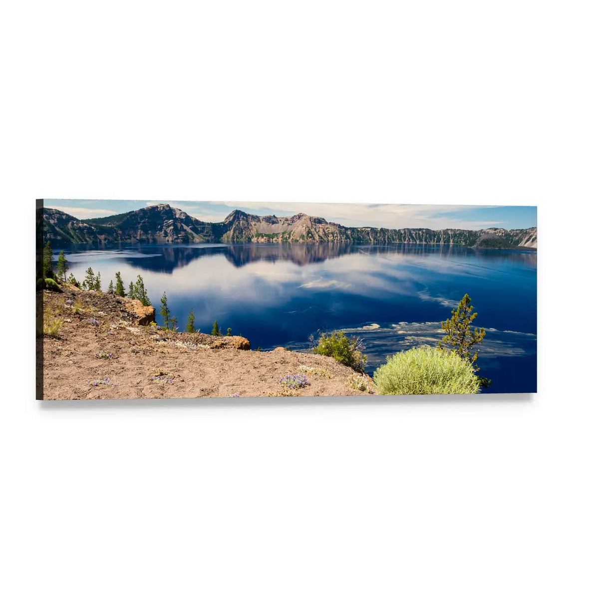 Blue Waters of Crater Lake Panoramic Canvas Wall Art, single panel gallery wrapped canvas, angled product view