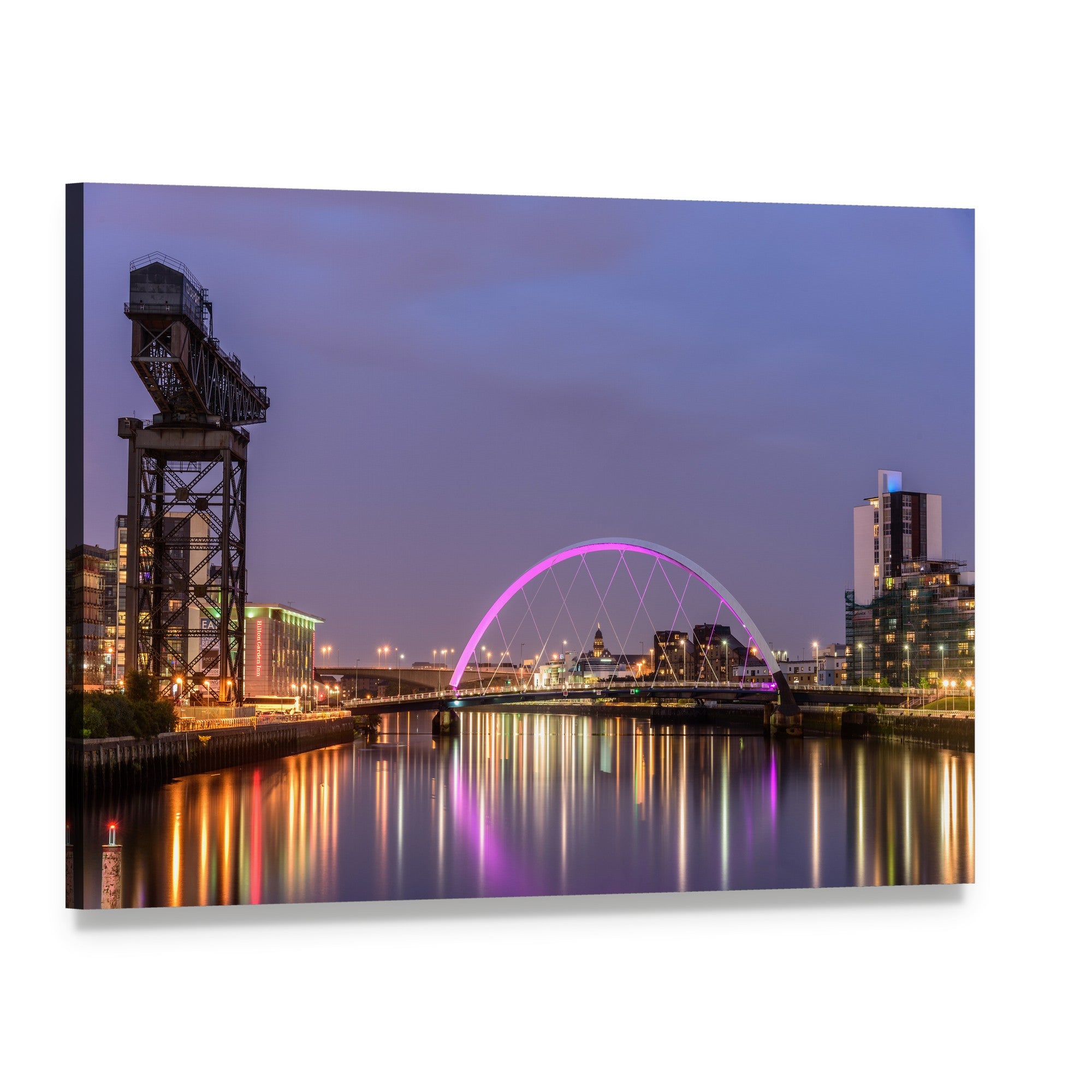 Clyde Arc Bridge Glasgow Night Reflection Canvas Wall Art, single panel gallery wrapped canvas, angled product view