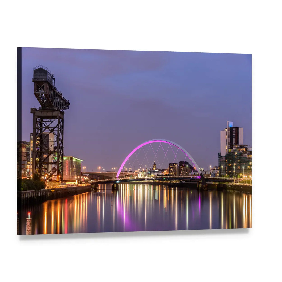 Clyde Arc Bridge Glasgow Night Reflections Canvas Wall Art, single panel gallery wrapped canvas, angled product view