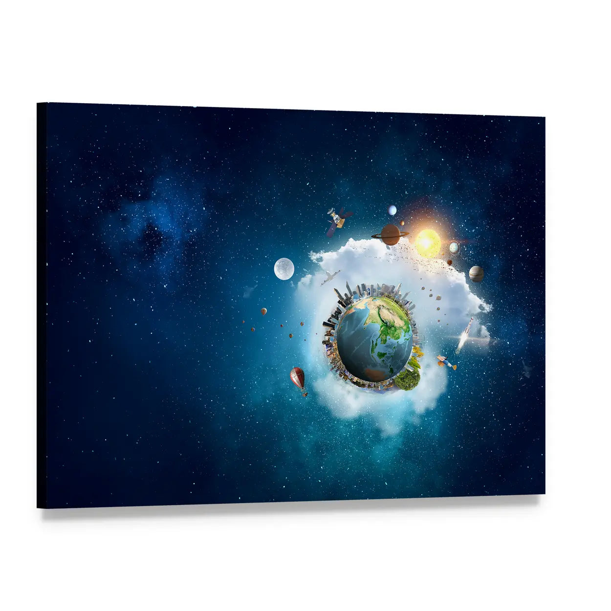 Earth with Mini City and Orbiting Planets Canvas Wall Art, single panel gallery wrapped canvas, angled product view