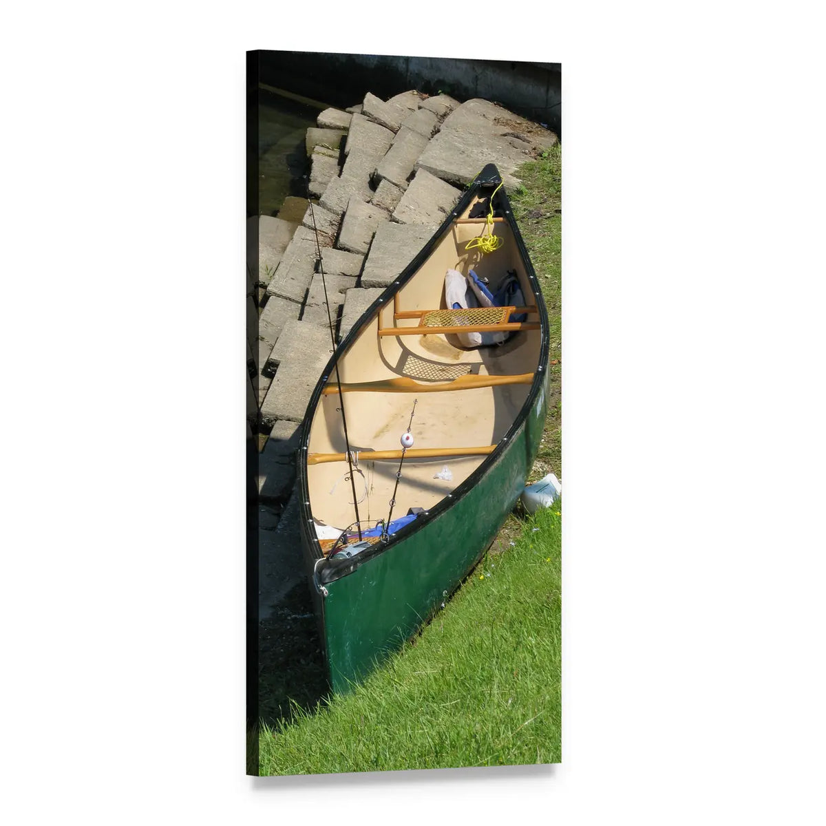 Canoe with Two Fishing Rods on Shore Vertical Canvas Wall Art, 1 panel 1 Vertical layout gallery wrapped canvas set, angled product view