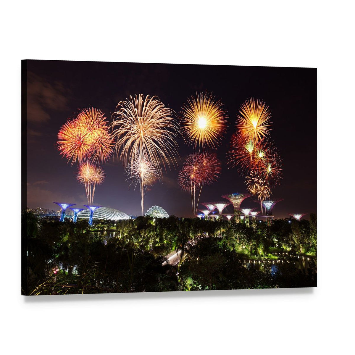 Fireworks Over Illuminated Gardens Canvas Wall Art, single panel gallery wrapped canvas, angled product view