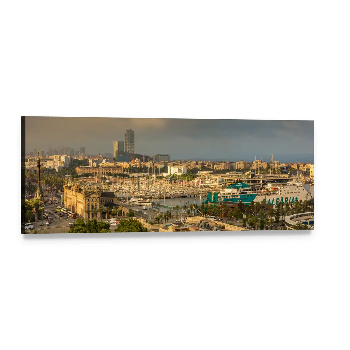 Barcelona Harbor at Golden Hour Panoramic Canvas Wall Art, single panel gallery wrapped canvas, angled product view