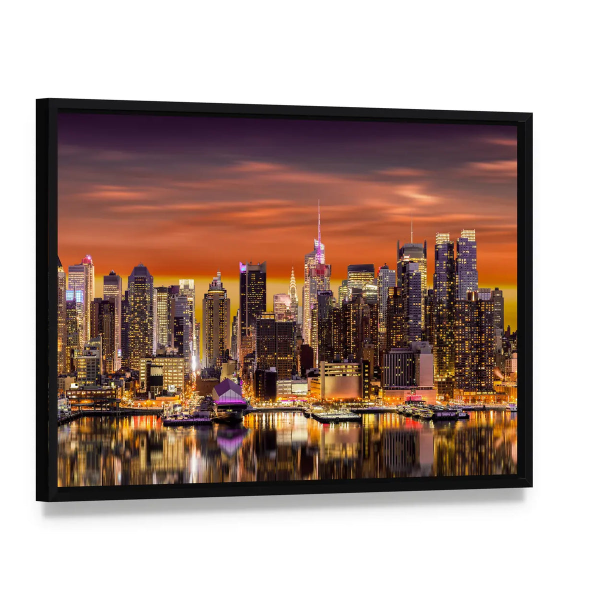 New York City At Sunrise Canvas Wall Art, framed canvas in a black floater frame, angled product view