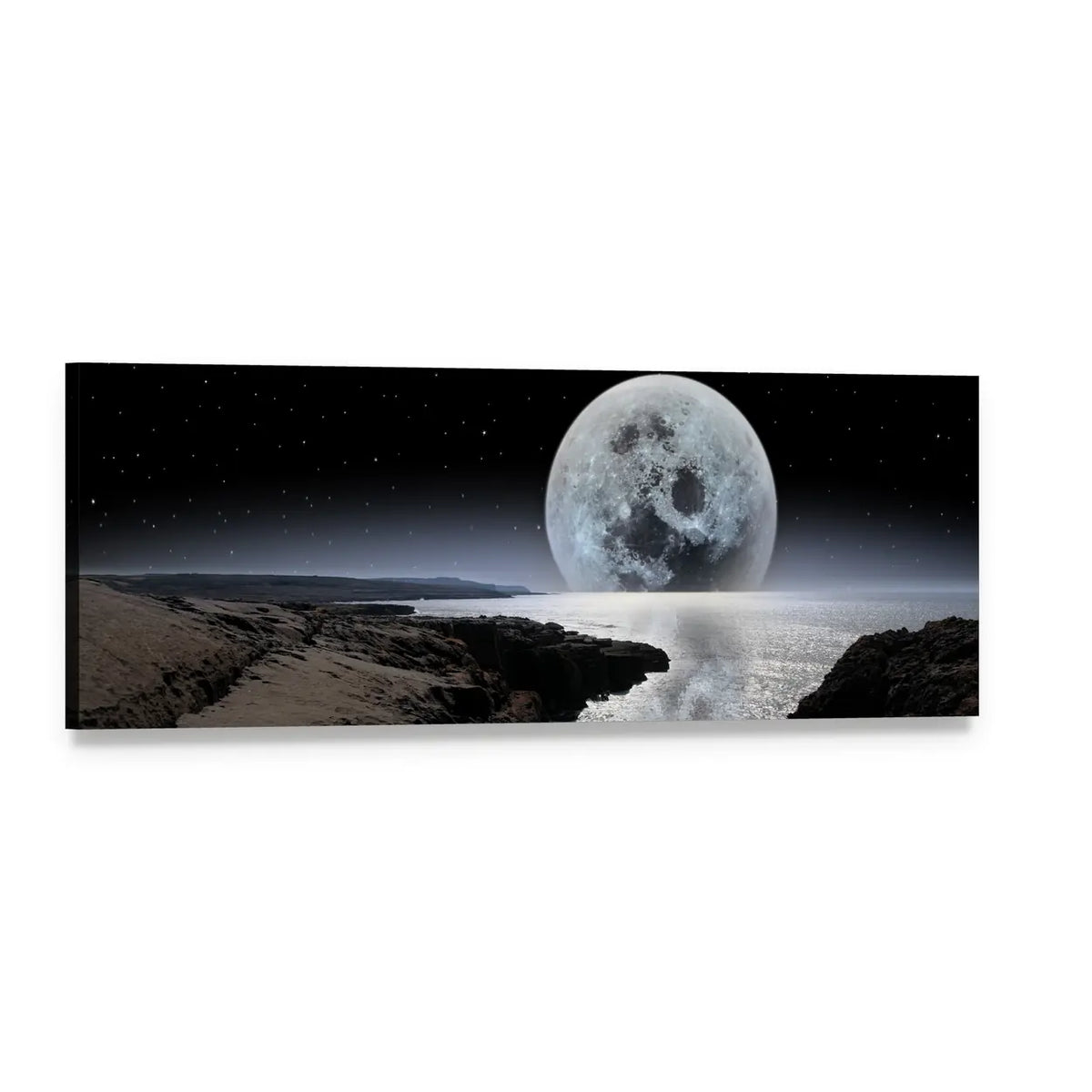 Moonlit Rocky Coastline Panoramic Canvas Wall Art, single panel gallery wrapped canvas, angled product view