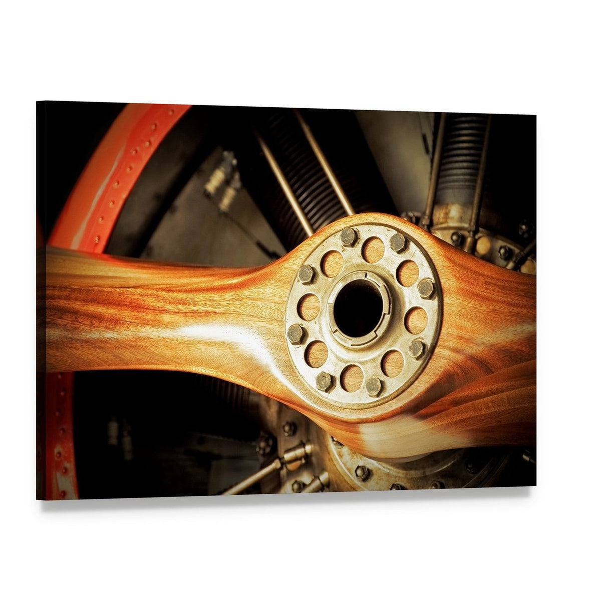 Vintage Wooden Aircraft Propeller and Engine Cylinders Canvas Wall Art, single panel gallery wrapped canvas, angled product view