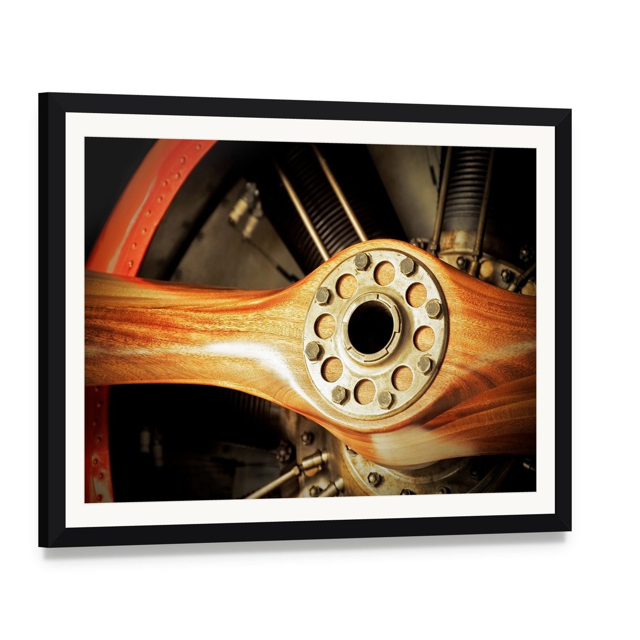 Vintage Wooden Aircraft Propeller and Engine Cylinders Canvas Wall Art, framed print with white mat and black frame, angled product view