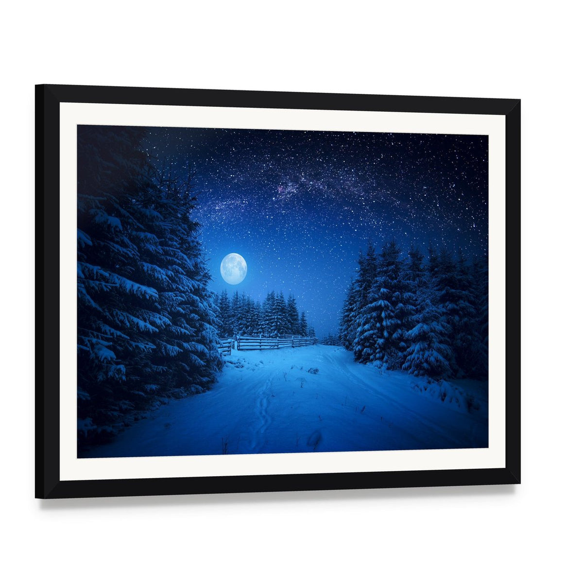 Moonlit Winter Path Under Starry Sky Canvas Wall Art, framed print with white mat and black frame, angled product view
