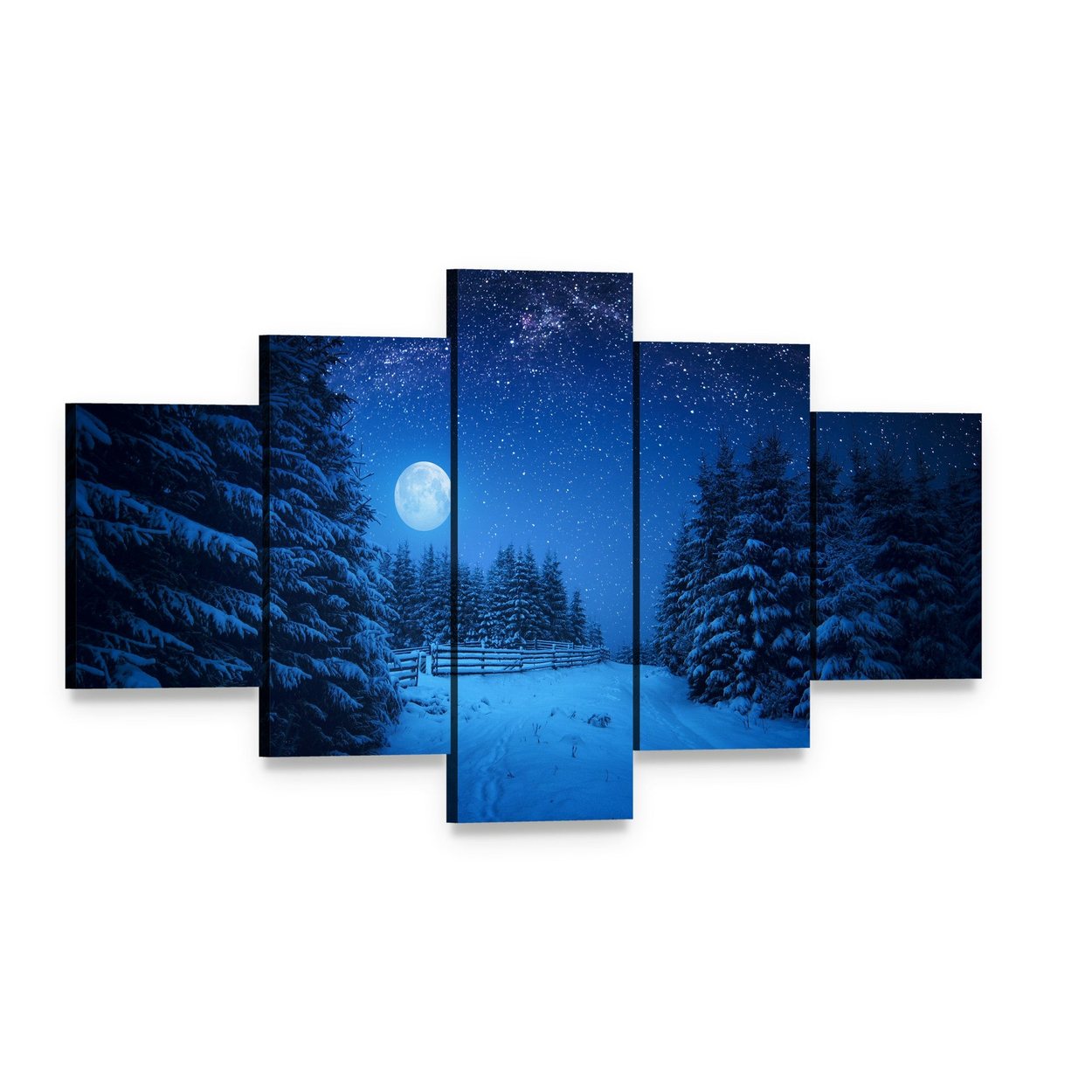 Moonlit Winter Path Under Starry Sky Canvas Wall Art, 5 panel 5 Star layout gallery wrapped canvas set, angled product view