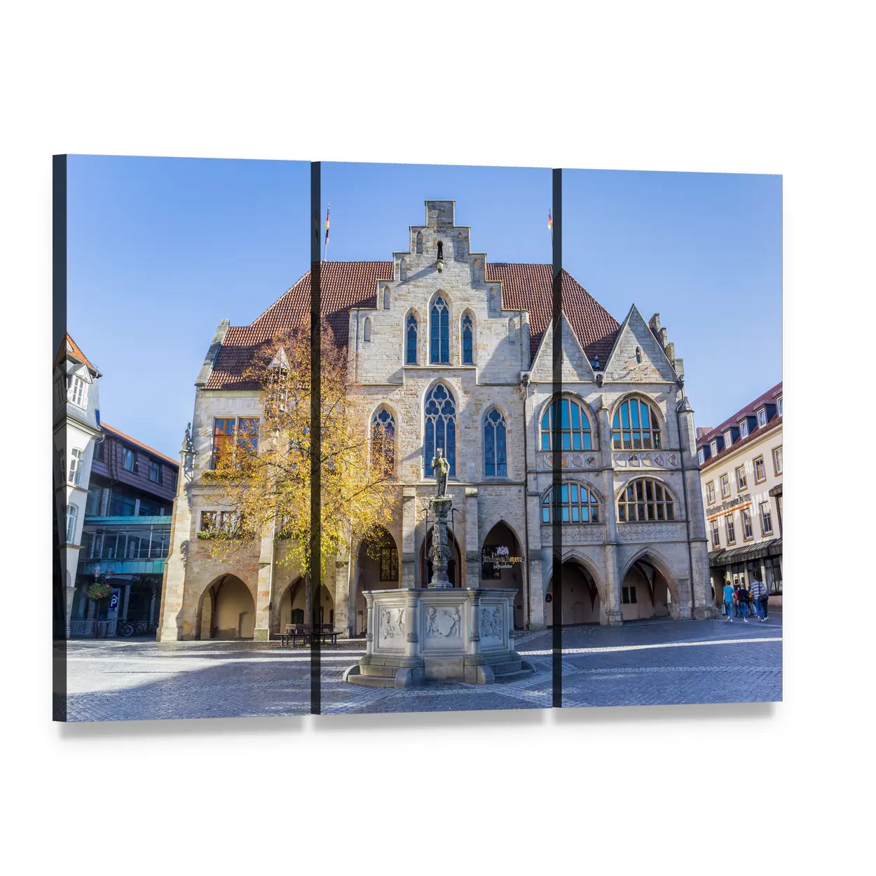 Hildesheim City Hall with Fountain Canvas Wall Art, 3 panel 3 Horizontal layout gallery wrapped canvas set, angled product view
