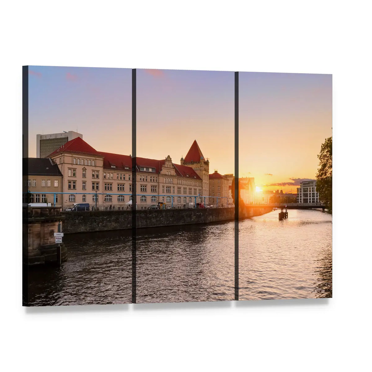 Berlin Riverfront at Sunset Canvas Wall Art, 3 panel 3 Horizontal layout gallery wrapped canvas set, angled product view