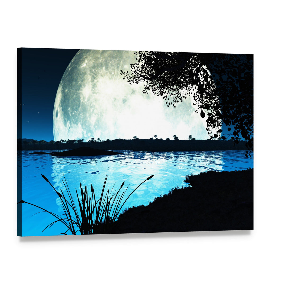 Moonlit Lake Under Starry Night Canvas Wall Art, single panel gallery wrapped canvas, angled product view