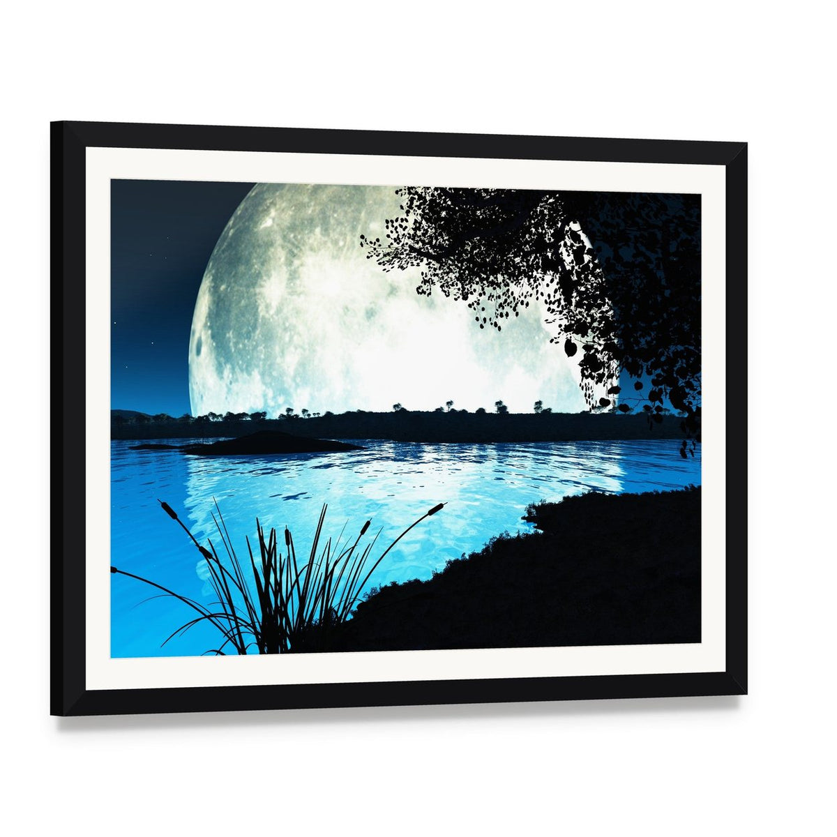 Moonlit Lake Under Starry Night Canvas Wall Art, framed print with white mat and black frame, angled product view
