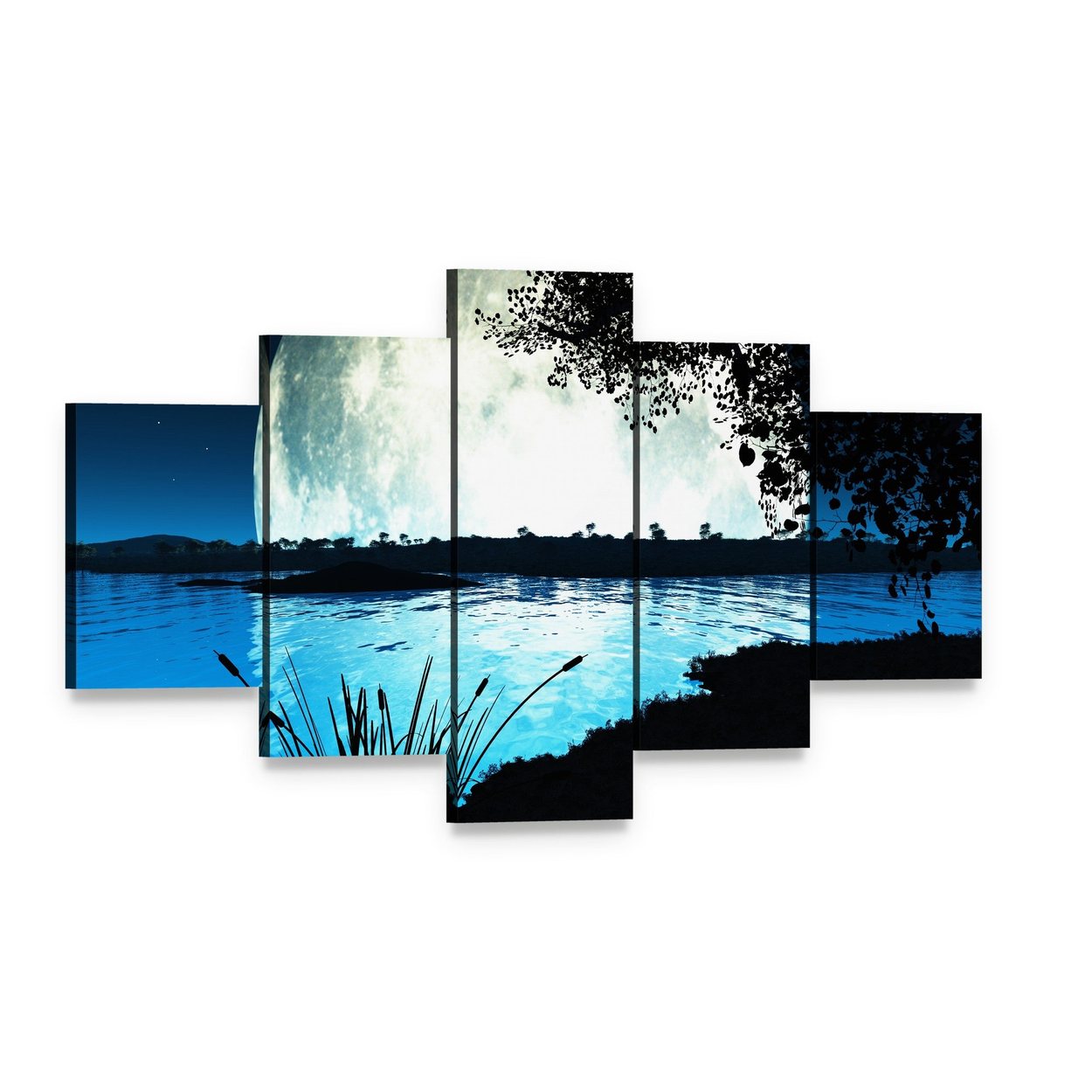Moonlit Lake Under Starry Night Canvas Wall Art, 5 panel 5 Star layout gallery wrapped canvas set, angled product view