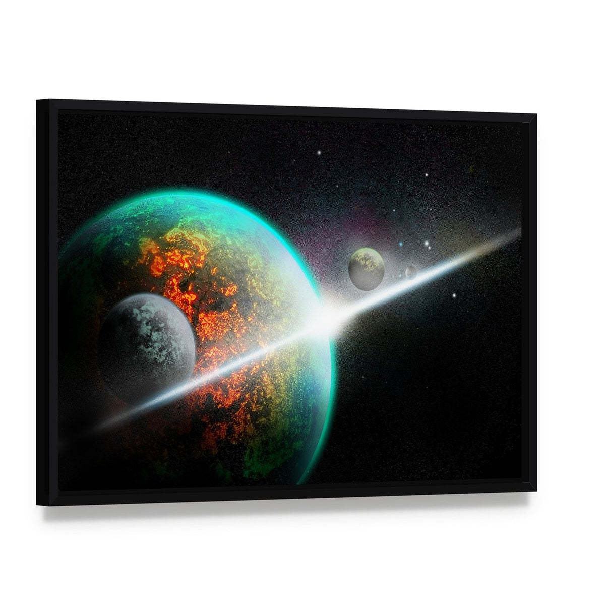 Alien Planet with Rings Canvas Wall Art, framed canvas in a black floater frame, angled product view