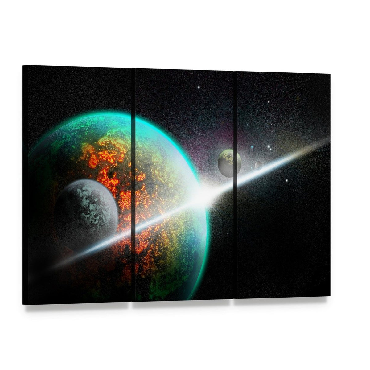 Alien Planet with Rings Canvas Wall Art, 3 panel 3 Horizontal layout gallery wrapped canvas set, angled product view