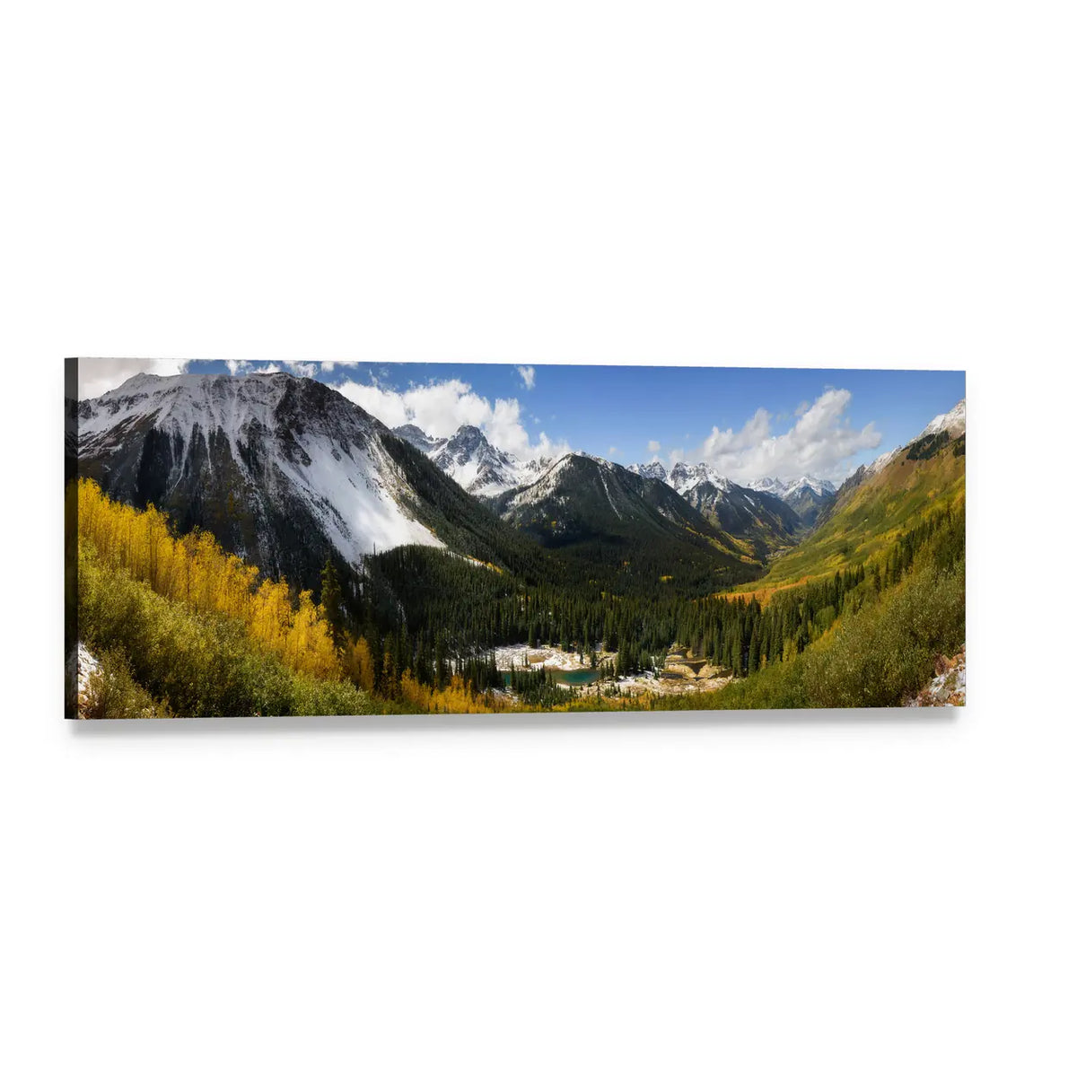 Golden Autumn Valley with Snow-capped Peaks Panoramic Canvas Wall Art, single panel gallery wrapped canvas, angled product view