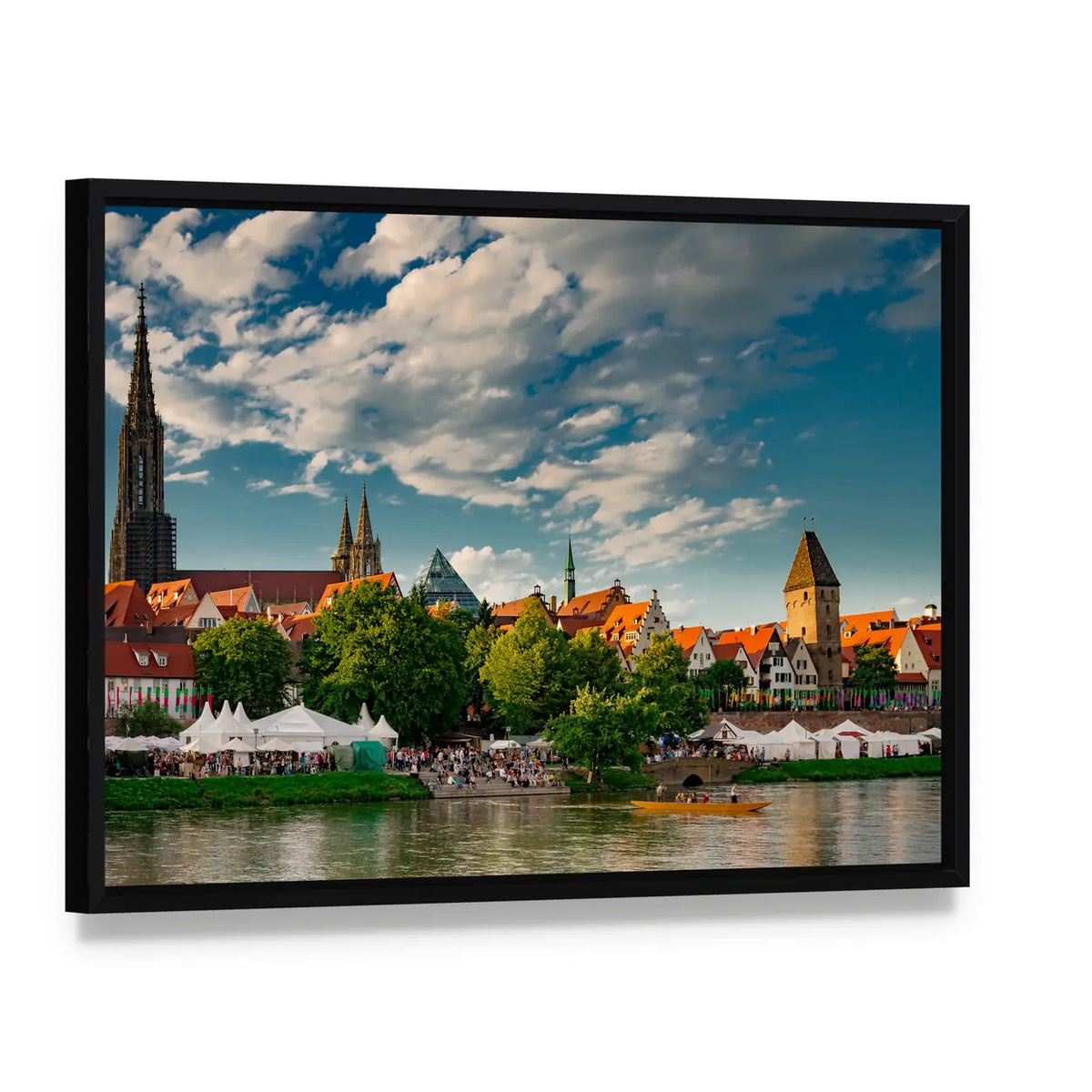 Ulm at the Danube Canvas Wall Art, framed canvas in a black floater frame, angled product view